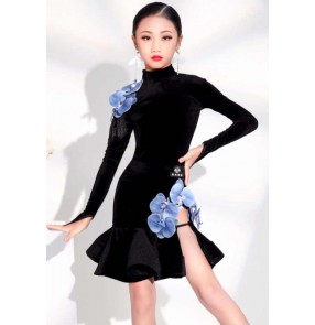 Girls black velvet competition ballroom latin dance dresse children  blue orchid flowers side slit ballroom salsa chacha rumba dancing costumes for kids